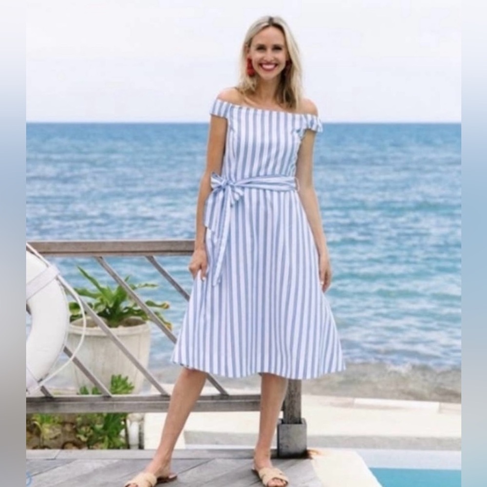 Draper James Off the Shoulder White & Blue Multi Striped Dress Size 0 - Picture 15 of 16